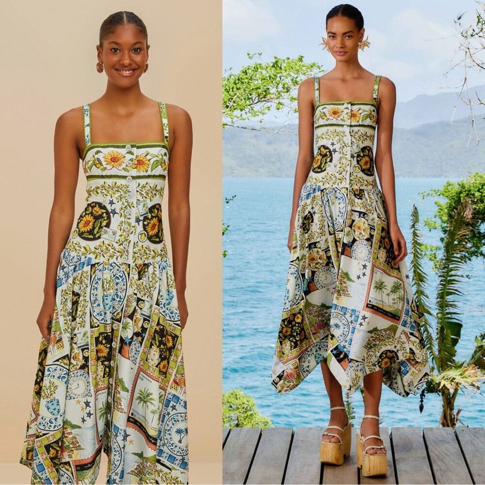 Farm Rio Multicolor Latin Trip Scarves Organic Cotton Midi Dress S